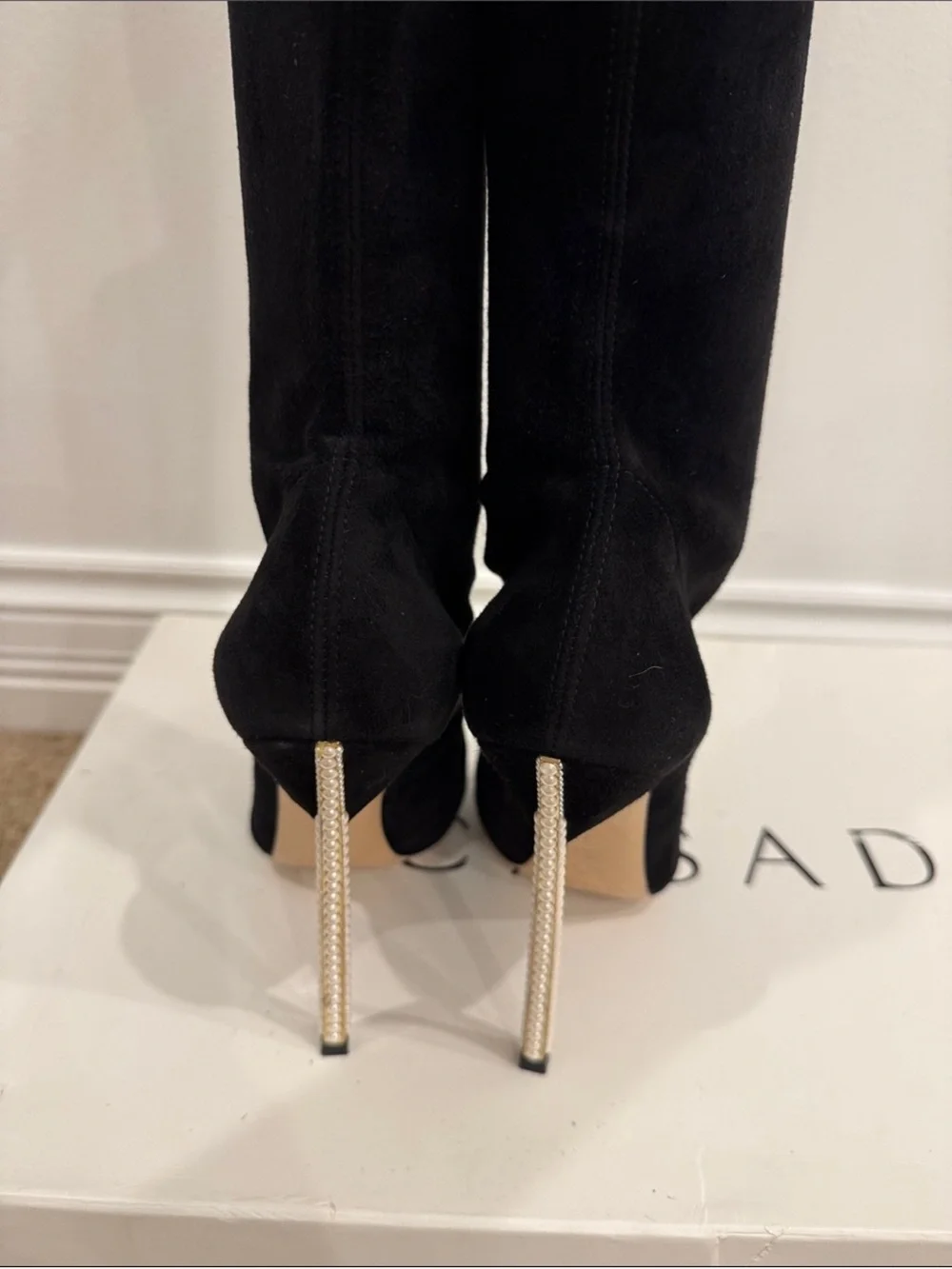 Casadei Black Suede Over The Knee Pearl Heel Boots 37 / US 7 Statement Luxury